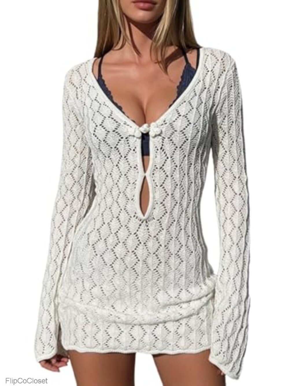 MakeMeChic Women's Crochet Mini Dress Beach Cover Up Long Sleeve Hollow Out